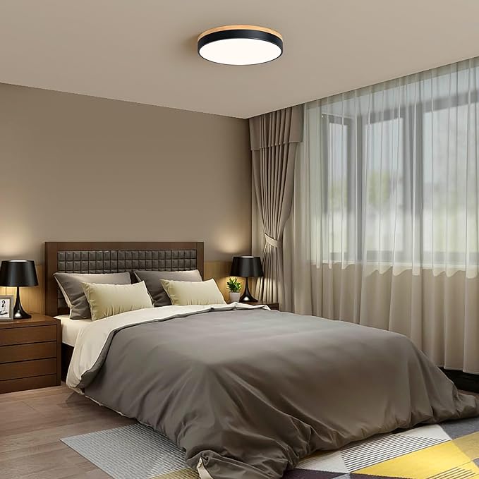 Modern Dimmable LED Close to Ceiling Light Minimalist Wood Oak Flush Mount Ceiling Light Fixture Circle Lighting for Bedroom Living Room Bathroom Laundry Room (Black, 15.7'')