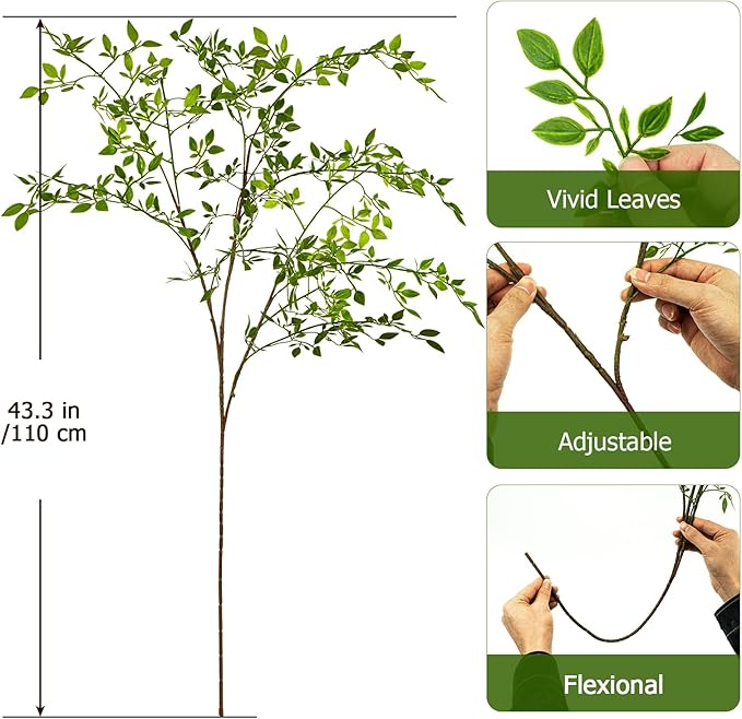 Artificial Greenery Stems, 43.3" Nandina Branches Tall Faux Plant Stems for Vase, Greenery Decor Stems Leaves Bunches for Shop Garden Office Home Décor(4Pcs,Green)
