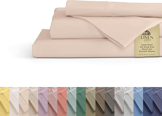Linen Home 100% Cotton Percale Sheets California King Size, Sand Shell, Deep Pocket, 4 Pieces Set - 1 Flat, 1 Deep Pocket Fitted Sheet and 2 Pillowcases, Crisp Cool and Strong Bed Linen