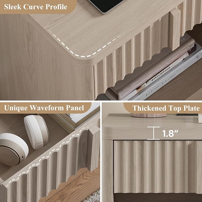 Fluted Nightstand with Charging Station, 23.6" Night Stand with Solid Wood Handle, End Table with Curved Profile Design, Mid Century Moden Bedside Table for Bedroom, Living Room, Natural Oak