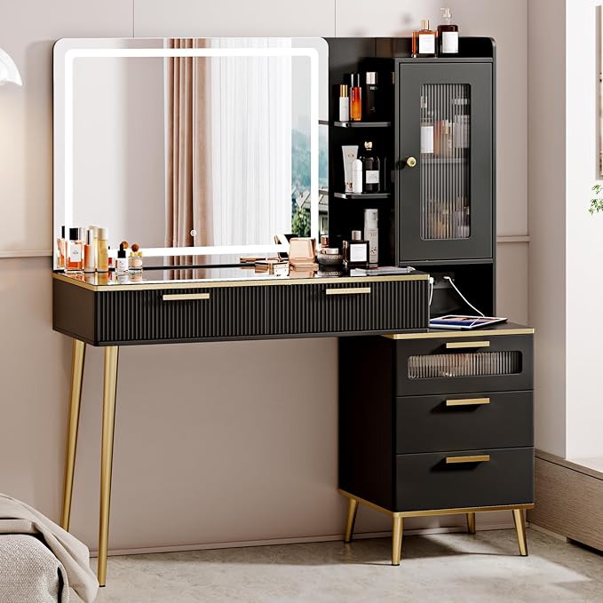 47.24" Big Modern Vanity Desk with Mirror and Lights, Vanity Desk with 29.53" HD Lighted Mirror, Makeup Vanity with 5 Drawers and Storage Shelves and Charging Station, Black2