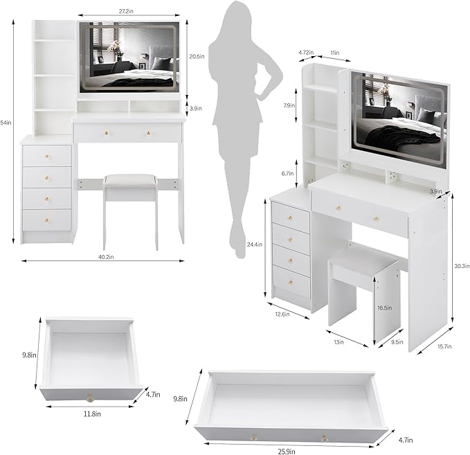 41" Vanity Desk with Mirror and Lights, Makeup Table with Led Mirror, 3 Lighting Colors, Vanity Set with Drawers and Stool for Bedroom, White
