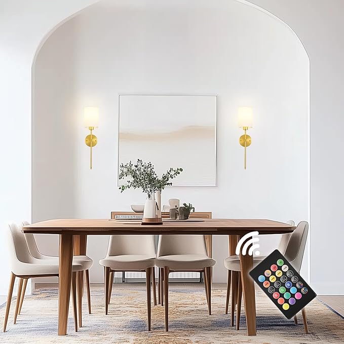 Battery Operated Wall Sconces Set of Two,Wireless Rechargeable Wall Light With Remote Control, Dimmable, 1800K/3000K/4000K/6000K/RGB, Timer, for Living Room, Bedroom, Fireplace, TV, 23.6 Inch, Gold