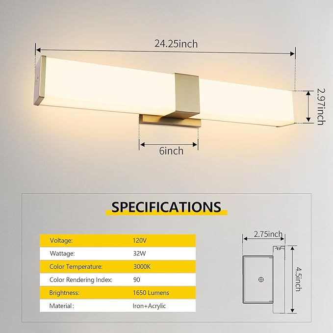 Kalium 24in Modern Wall Sconces, Dimmable Bathroom Vanity Lights, 3000K Warm White LED Indoor Sconces Lighting for Bathroom, Stairs, Living Room, Bedroom. Hardwired.