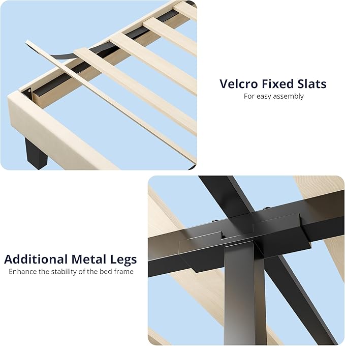 Cozy Castle Queen Bed Frame, Upholstered Platform Bed with Velvet Adjustable Curved Headboard, Mattress Foundation with Strong Wooden Slats, No Box Spring Needed, Easy Assembly, Cream