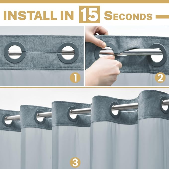 Extra Long No Hook Shower Curtain with Snap in Liner, Polyester Textured Shower Curtain with Liner Set, Waterproof Washable Hotel Style Shower Curtains for Bathroom, 71Wx86H, Blue Grey