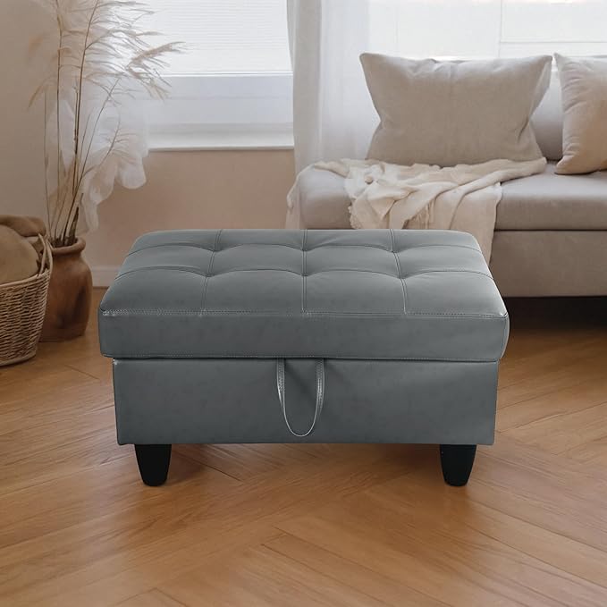 Ottoman Rectangular Storage Ottoman Bench, Faux Leather Footrest, Coffee Table, Stool Footstool with Hinged Lid for Living Room, Bedroom, Entryway, Light Blue, 35"x23.5"x17.5"