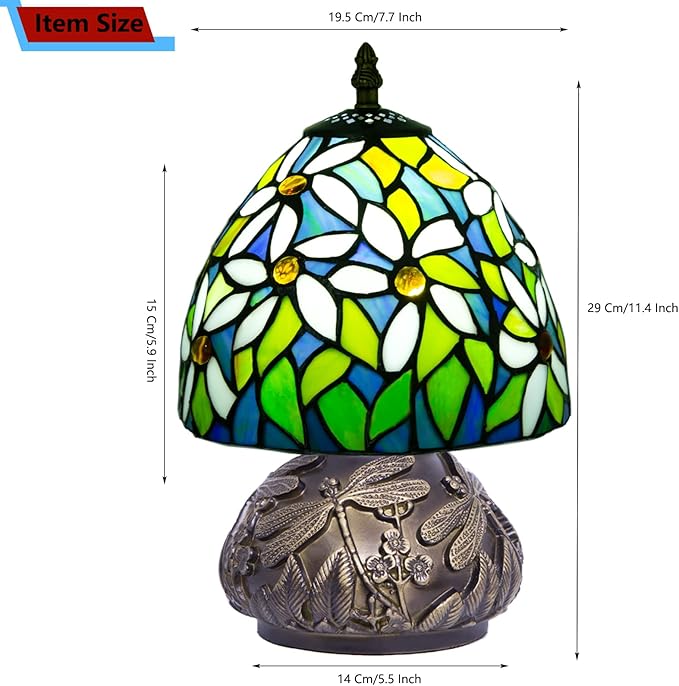 Small Tiffany Stained Glass Lamp, 3 Color Temperatures Bedside Lamp, 8 Inch Mushroom Desk Light for Bedroom Living Room Office Home Decor (White Flower Pattern)