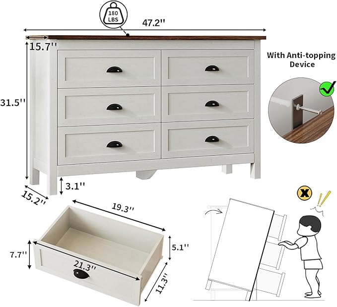 Farmhouse White Dresser for Bedroom, Modern 6 Drawer Double Dresser for Bedroom with Vintage Black Handle, Wide Wood Dressers & Chests of Drawers, 6 Drawer Dressers for Hallway, Antique White