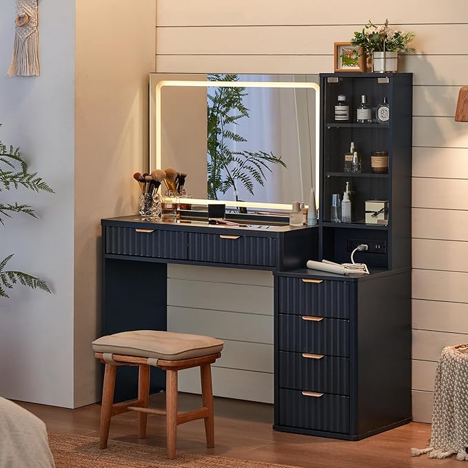 LEYAOYAO Vanity Desk with Mirror and Lights, 43.5'' Fluted Makeup Vanity with 6 Drawers and Adjustable Shelves, Navy Blue Make Up Vanity Wood Dressing Table with Glass Top and Power Outlet for Bedroom