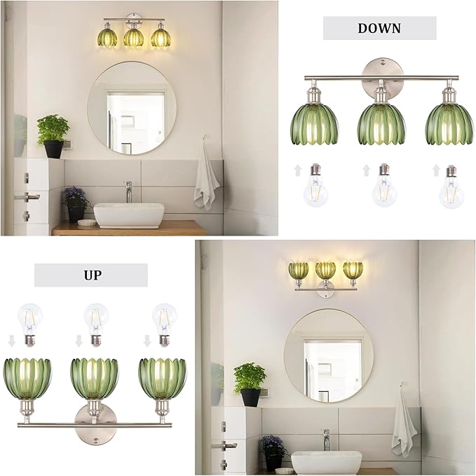 Bathroom Light Fixtures, 3-Light Vanity Wall Light Over Mirror with Green Tulip Glass Shade for Bedroom Living Room, Satin Nickel