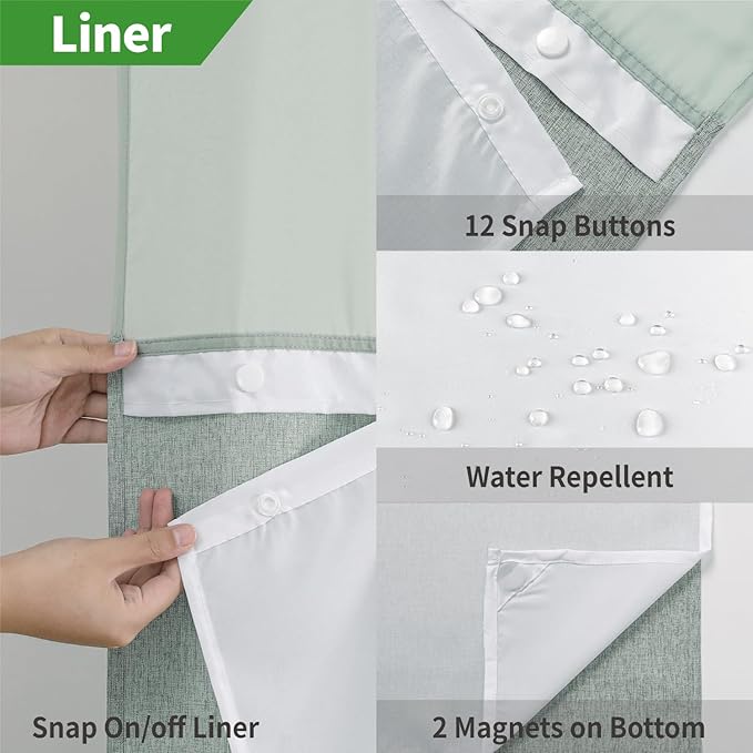 Long No Hooks Needed Linen Textured Shower Curtain with Snap-in Fabric Liner Set,Sage Green Hotel Luxury Decor Shower Curtains for Bathroom,Waterproof & Washable,71Wx80H