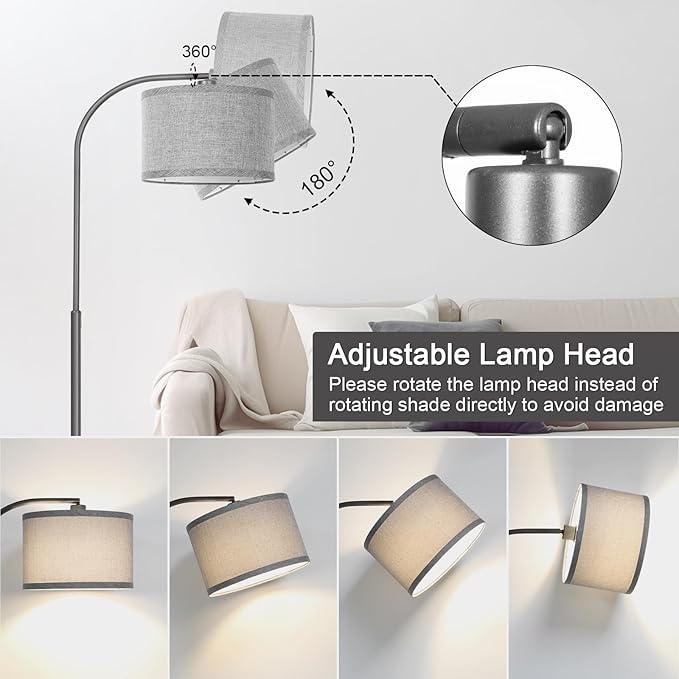 Boncoo Dimmable Floor Lamp, Arc Floor Lamps for Living Room, Stepless Dimmable Standing Lamp with Adjustable Drum Shade, Modern Arched Corner Light for Bedroom, Office, LED Bulb Included