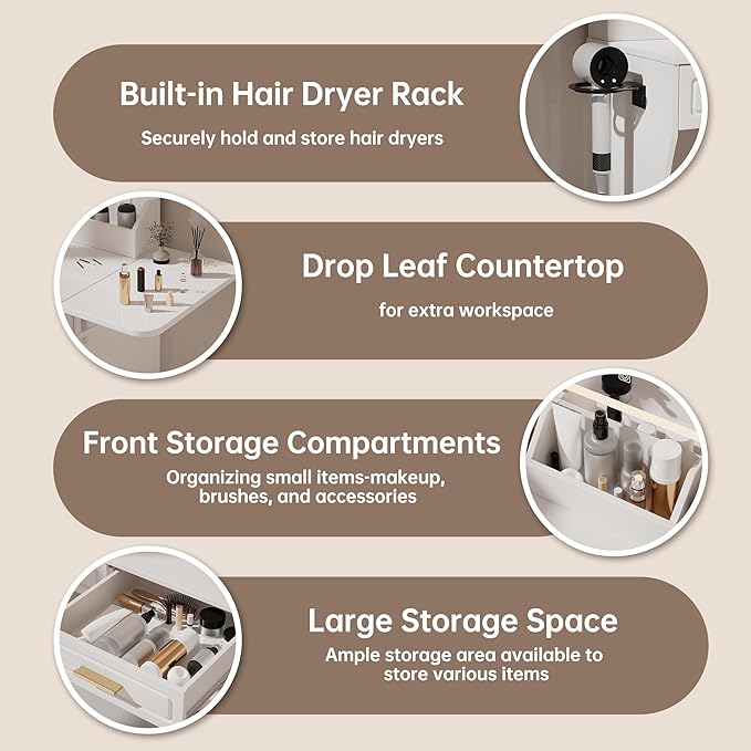 Modern White Makeup Vanity Desk with Adjustable Lights, Mirror, and Storage - Complete Vanity Set with Drawers, Shelves, and Stool