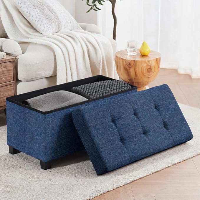 Ornavo Home 30 Inch Storage Ottoman, Large Storage Bench, Ottoman with Storage with Legs, Foot Rest Stool, Bedroom Bench - Navy Blue