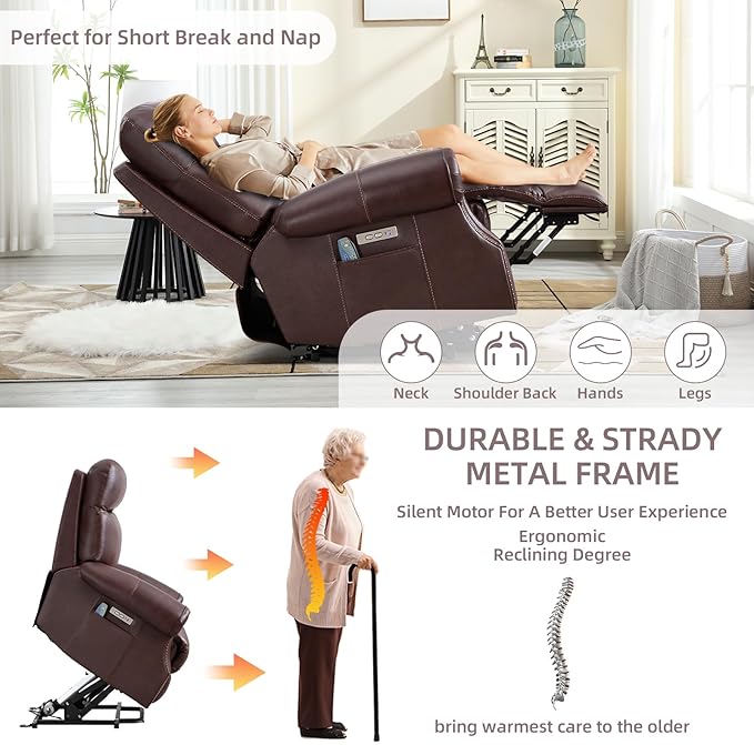 Phoenix Home Genuine Leather Power Lift Recliner Chair for Elderly with Massage and Heating, Electric Recliner for Seniors with Extended Footrest, Type-C and USB Port, Side Pocket, Brown