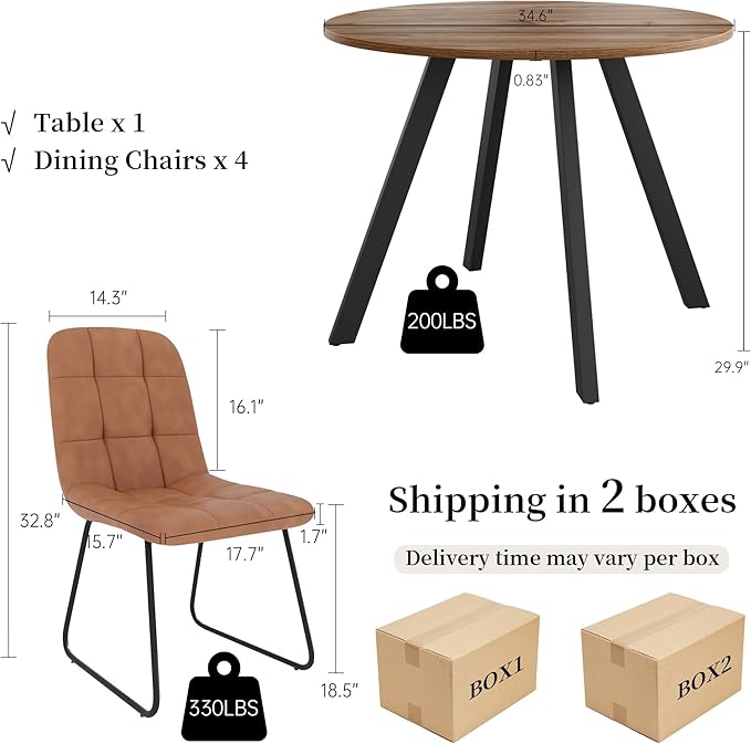 34.6'' Round Dining Table and Chairs for 4 Space Saving for Apartment Kitchen Dining Room (Walnut Table+4 U-Shaped Brown Chairs)