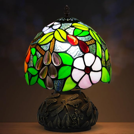 Small Tiffany Stained Glass Lamp, 3 Color Temperatures Bedside Lamp, 8 Inch Mushroom Desk Light for Bedroom Living Room Office Home Decor (Grape Pattern)