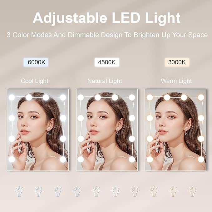 Vanity Desk with Mirror Lights, Makeup Desk with 7 Drawers and Cabinet, 3 Lighting Modes, White Vanity Set with Chair Stool for Bedroom