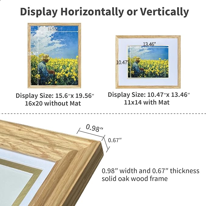 16x20 Picture Frame Matted to 11x14 ,16*20 Solid Oak Wood Picture Frames, 16 by 20 Premium wooden Photo Frame with Real HD Tempered Glass ,Ideal for Home Decor, Art Gallery , Vertical & Horizontal Wall Hanging Display，Oak Color, 1 Pack