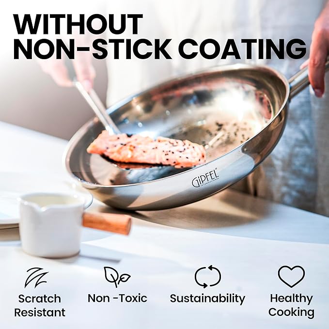 Stainless Steel Frying Pan 12 Inch - Tri Ply Stainless Steel Skillet Healthy Non Toxic Cookware - Fry Pans for Induction Gas Electric Ceramic Stove & Oven Safe (12 Inch)