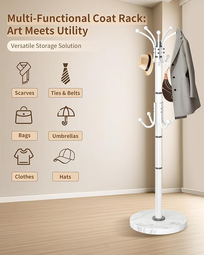 EZIVIEZ Modern Coat Rack Stand, Metal Freestanding Coat Rack with Natural Marble Base, Coat Racks with Umbrella Holder,Coat Hanger Stand with 12 Hooks for Office, Entryway (White-360° Rotary 14 Hooks)