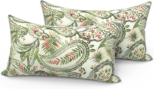 LVTXIII Set of 2 Outdoor Lumbar Pillows for Patio Furniture with White Piping, 12"x20" Fade Resistant Patio Lumbar Pillows with Inserts for Home Coach Sofa Use, Faylinn Shadow Paisley