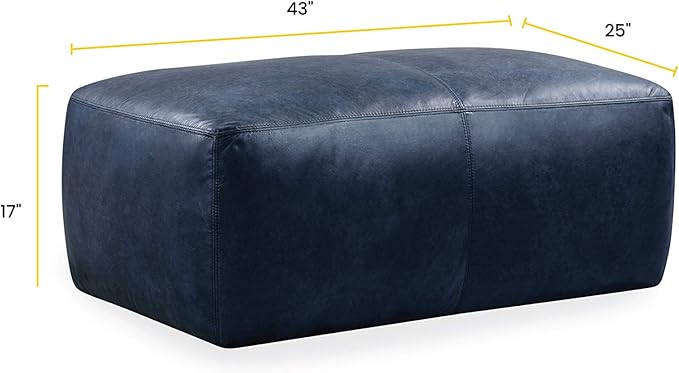 POLY & BARK Denver Rectangle Leather Ottoman in Full-Grain Semi-Aniline Italian Tanned Leather in Midnight Blue
