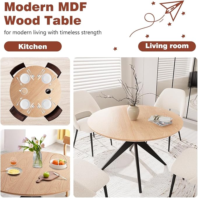 Kidol & Shellder 45.2" Round Dining Table Set for 2-4 People Modern MDF Wooden Dining Room Round Table with X-Shaped Metal Base Kitchen Table（Natural Table+2pcs Beige Chairs）