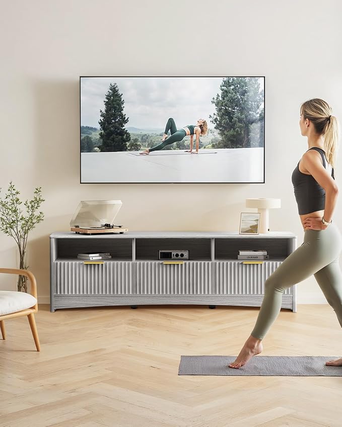 Marsail 59″ Wide TV Stand for TVs Up to 65″, Modern Entertainment Center with Fluted Panels, 3 Easy-Sliding Drawers, Open Shelves & Cable Hole, Sturdy 3-Tier TV Stands for Living Room & Bedroom, Grey