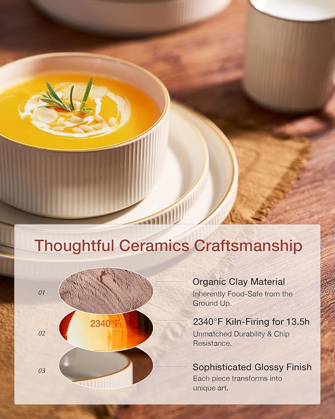 Famiware Star Dinnerware Set, Plates and Bowls Sets for 4 (12pcs), Ribbed Stoneware Dishes - Chip & Scratch Resistant, Microwave & Dishwasher Safe Tableware, White