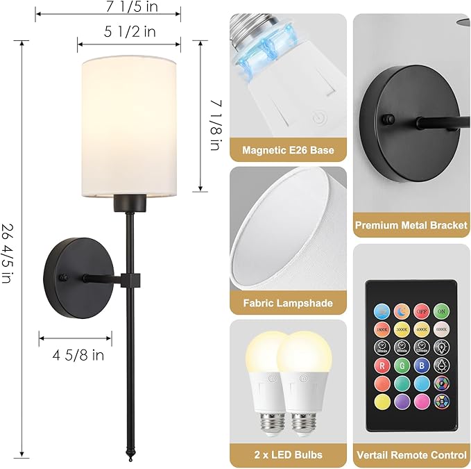 Battery Operated Wall Sconce Set of Two,Wireless Rechargeable Wall Light With Remote Control, Dimmable, 1800K/3000K/4000K/6000K/RGB, Timer, for Living Room, Bedroom, Fireplace, TV, 26.8 Inch, Black
