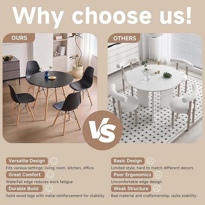 31.5'' 5 Piece Round Dining Table Set for 4, Mid-Century Modern Table with Chairs, Space Saving, Plastic Seats, Wood Legs, Circle Dinner Table for Kitchen, Home, Apartment, Black