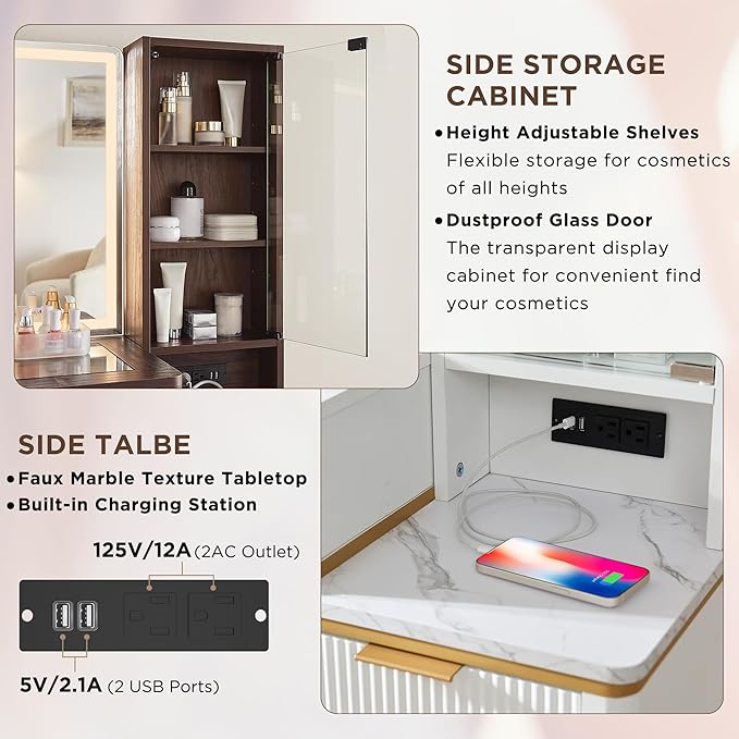 T4TREAM Fluted Makeup Vanity Desk with 36" HD Lighted Mirror, 48" Big Modern Vanity Desk with Mirror and Lights, Dressing Table with 5 Drawers & Shelves, Glass Top for Bedroom (Dark Walnut)