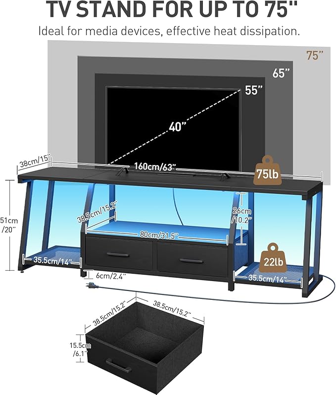 LED TV Stand with Fabric Drawers for 75 Inch TV, Entertainment Center with Power Outlets and Open Storage Shelves, Industrial Media TV Console Table for Living Room, Bedroom, Black