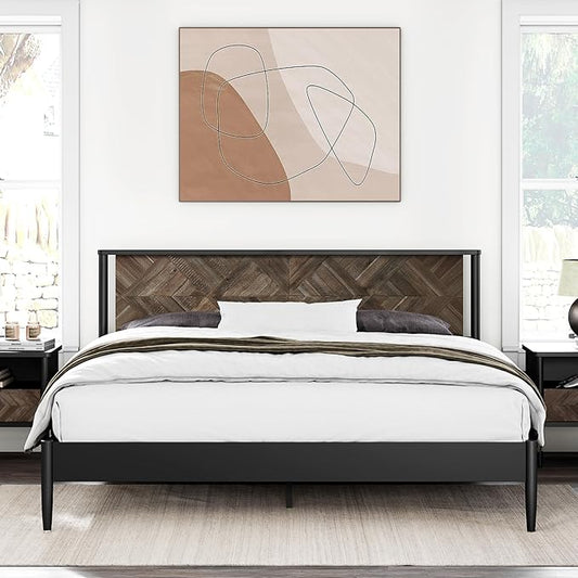 Lenia 14-Inch Queen Size Platform Bed Frame with Headboard – Heavy Duty Acacia Wood, Mid-Century Modern Style, 12 Slats for Support, No Box Spring Needed, Noise-Free, Easy Assembly, Mocha Black