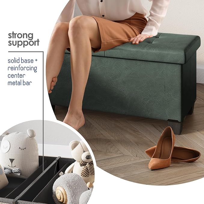 STORAGEBUD Storage Ottoman Bench with Bins, 43-in Storage Bench for Bedroom End of Bed, Folding Foot Rest Ottoman for Living Room Max 660lbs, Faux Leather Ottomans, Green