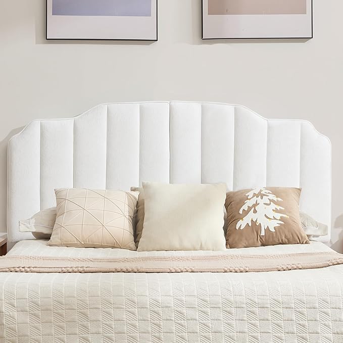 Queen Size Headboard White Upholstered Headboard Adjustable Height&Width Velvet Headboards Modern Vertical Channel Design Bed Head Board, White