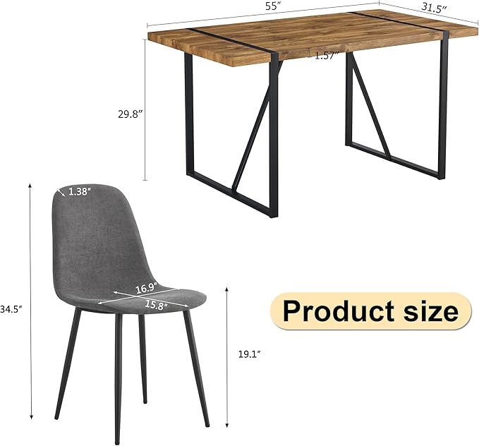 Rustic 5 Piece Dining Room Table Set for 4 People, Mid Century Modern 55 Inch Rectangle Wood Kitchen Dining Table with 4 Fabric Chairs Set, Suitable for Kitchen Dining Room