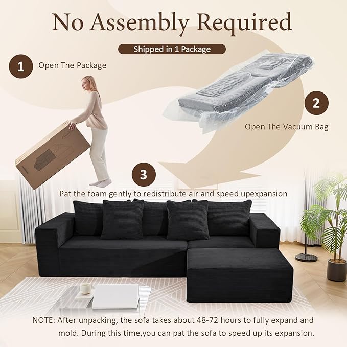 INGEROOM 108" Cloud Sectional Couch with L-Shape Chaise, Modular Sofa Memory Foam, Boneless Sofa with Movable Ottoman, Upholstered Couches for Living Room Bedroom, No Assembly Required, Black