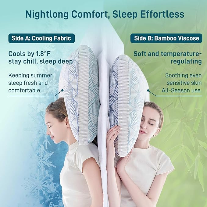 Shredded Memory Foam Cooling Soft Bamboo Viscose Pillow King Size, Adjustable Hypoallergenic Hotel Quality Bed Pillow for Side, Stomach or Back SleeperSleeper, Oeko-TEX Certified