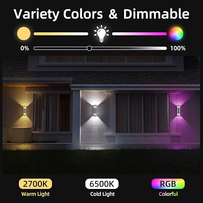 SHIMR Smart RGB Outdoor Wall Lights, WiFi LED Color Changing Exterior Sconce, APP Control Stainless Steel Porch Light Fixture with Remote for House Garage, No Hub Required Compatible with Alexa