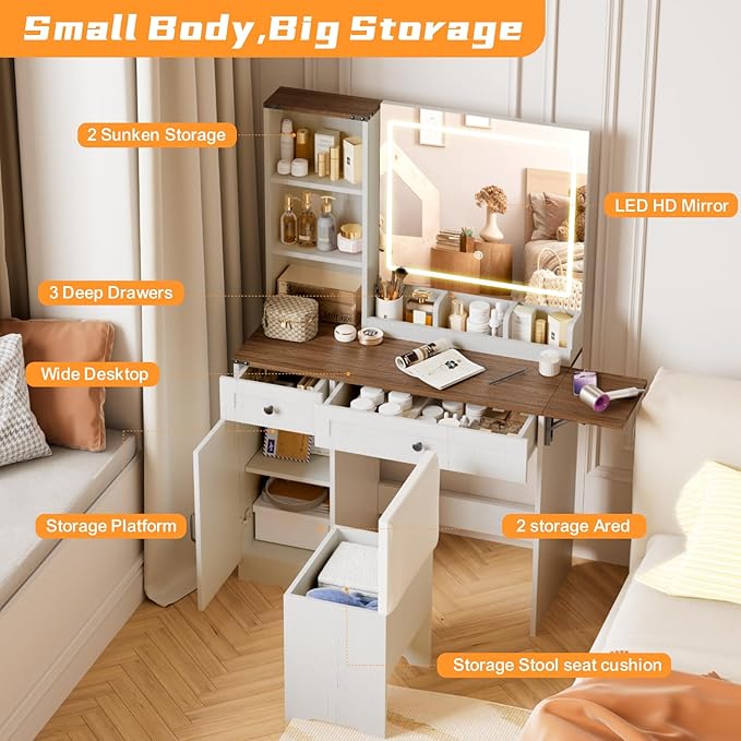 KAMABOKO Vanity Desk with Mirror, LED Lights and Power Outlet, Makeup Vanity Table with 2 Drawers and 3 Storage Shelves, Dressing Table w/Stools for Bedroom (White)