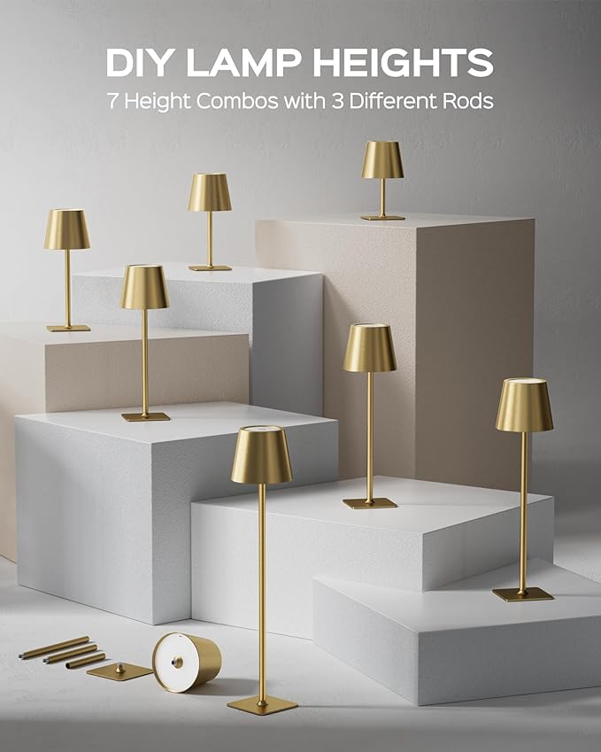 JACKYLED Cordless Lamp DIY Height, 3 Color Stepless Dimming, 5000mAh Battery Operated Lamp Portable Rechargeable for Bedroom Dinning Kitchen, Gold, 1 Pack