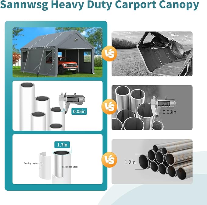 Carports 20X20 Heavy Duty,Car Ports with 180G Removable Side Walls,Carport Canopy,Portable Car Port Garage,Car Shelter All Weather,Gray