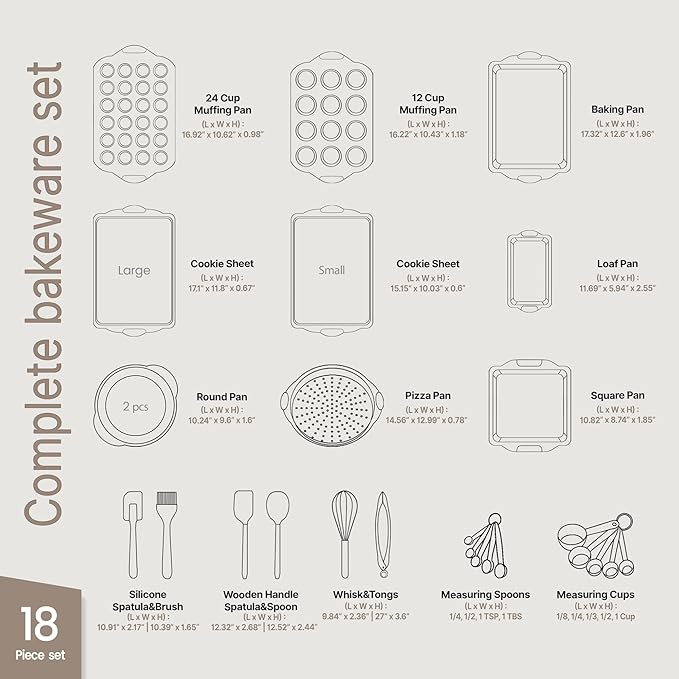 BAKKEN Kitchen Baking Pan Set - Nonstick Green Marble Coating, Carbon Steel Bakeware Sets with Green Silicone Handles, Kitchen Essentials, PFOA, PFOS, PTFE Free, Oven Safe (Up To 450° F), Set of 18