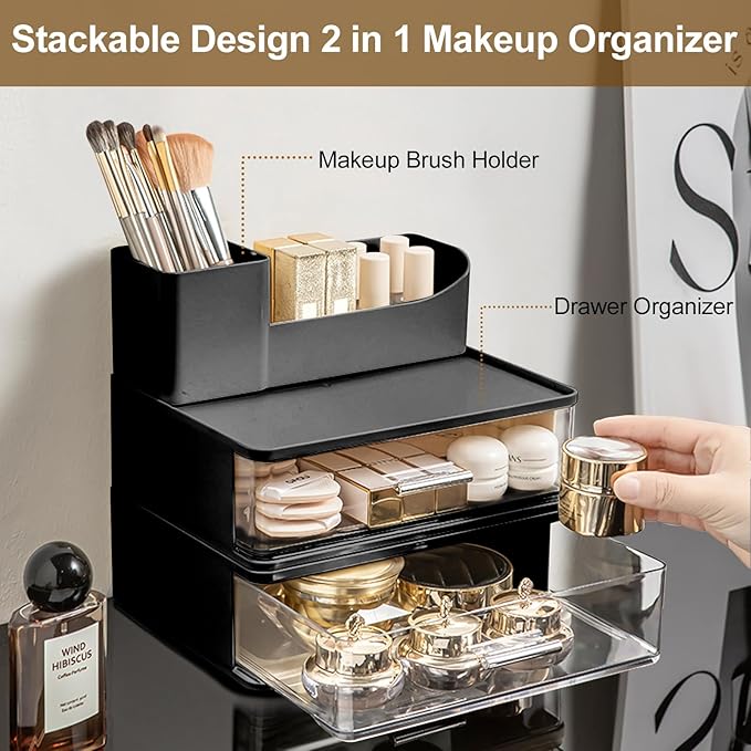 DASITON Makeup Organizer for Vanity with 2 Drawers, Stackable Cosmetic Organizer with Makeup Brush Holder, Plastic Bathroom Organizer Skincare Storage for Brushes, Eyeshadow, Lotions, Lipstick (Black)