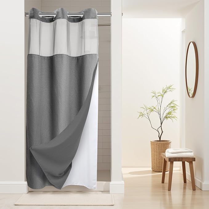 River Dream Stall Heavyweight No Hooks Required Dotted Waffle Weave Shower Curtain with Snap in Liner - 36W x 74H,Hotel Grade,Spa Like Bath Curtain,Gray
