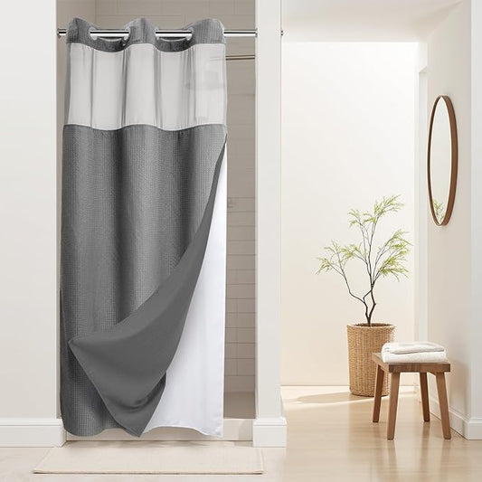 River Dream Stall Heavyweight No Hooks Required Dotted Waffle Weave Shower Curtain with Snap in Liner - 36W x 74H,Hotel Grade,Spa Like Bath Curtain,Gray