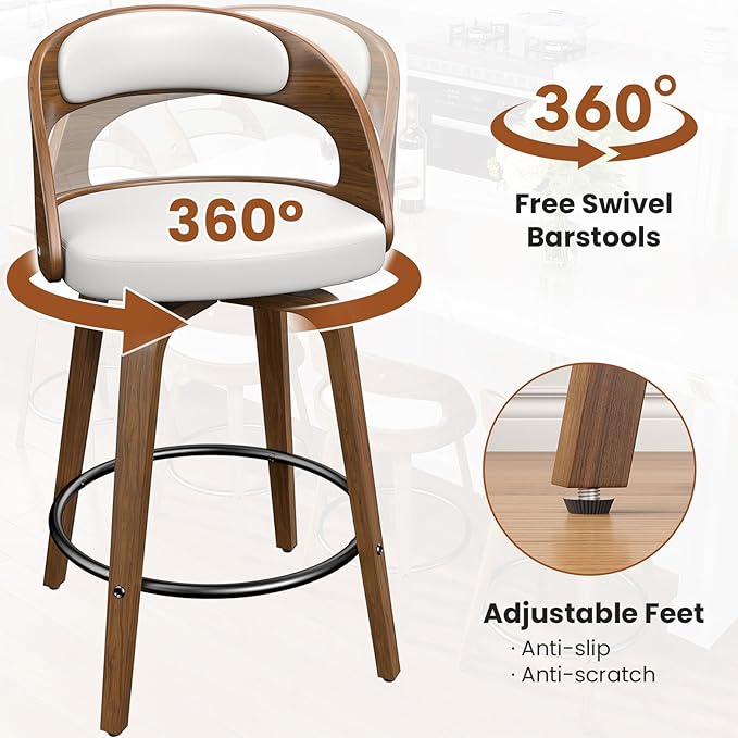 Swivel Bar Stools Set of 2, 26" Counter Height Bentwood Barstool, Mid-Century Modern PU Leather Upholstered Bar Chair with Back and Footrest, for Kitchen Island, Bar, Cafe, Dining Room, White
